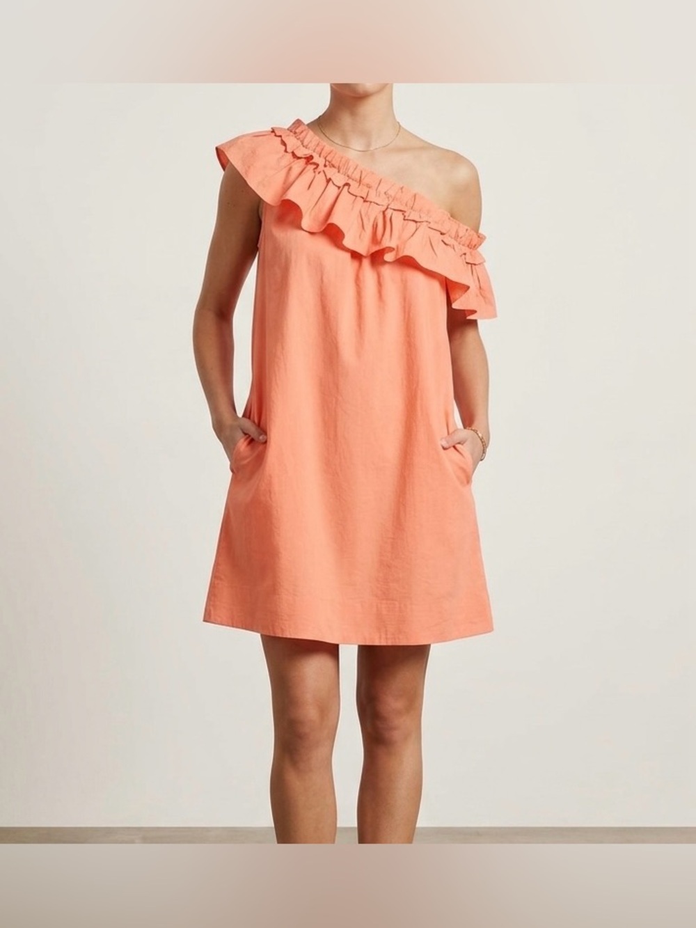 Dolly Jolly One Shoulder Ruffle Mini Dress Peach Coral Cotton NWT Size S Coastal